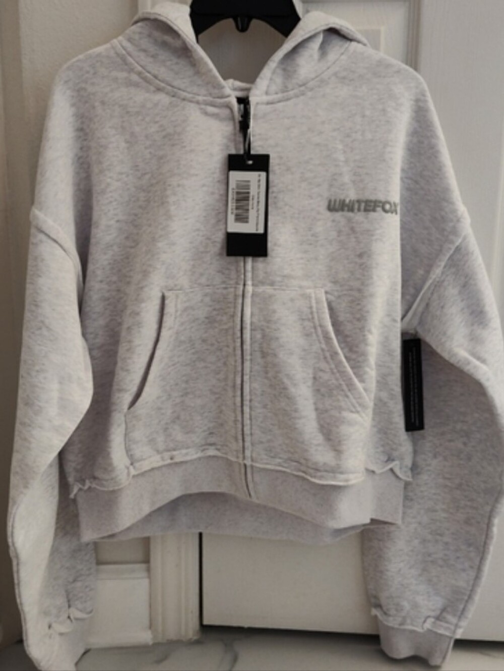 White Fox Boxy Zip Front Hoodie Grey Marle S/M